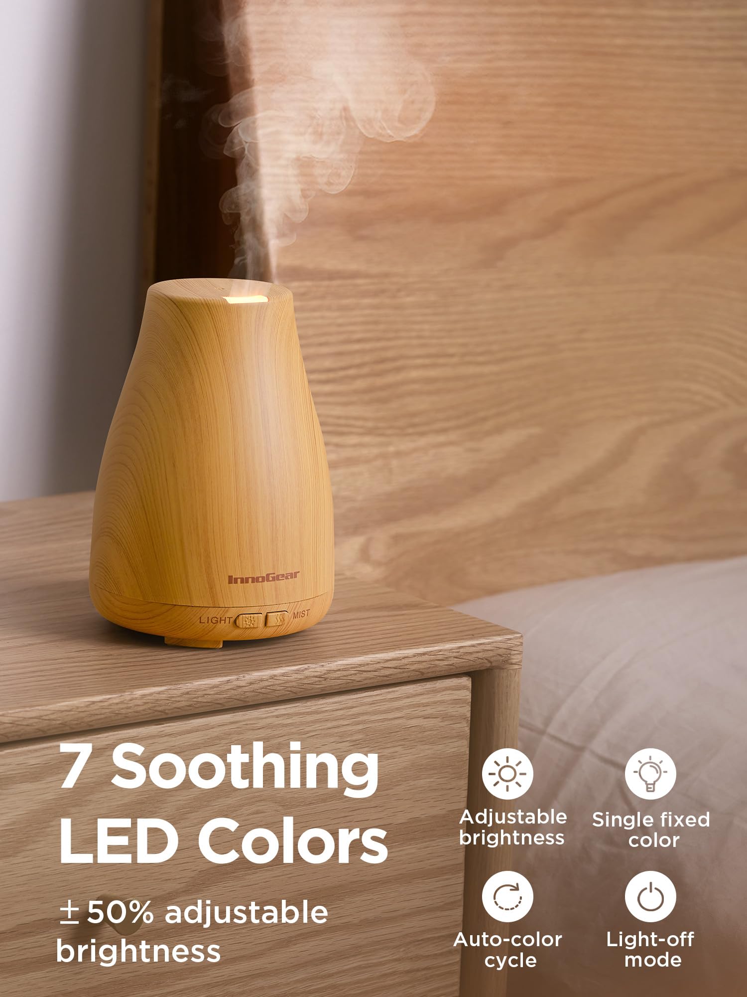 InnoGear difusor con luces LED multicolor creando ambiente relajante y regulable