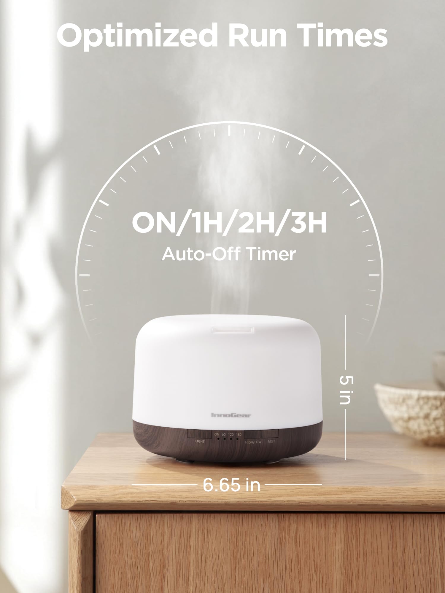 InnoGear difusor emitiendo niebla en sala para ambiente hidratado y perfumado