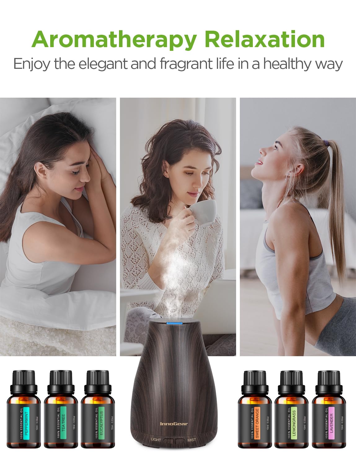 InnoGear etiqueta de aceite de lavanda destacando pureza y aroma calmante