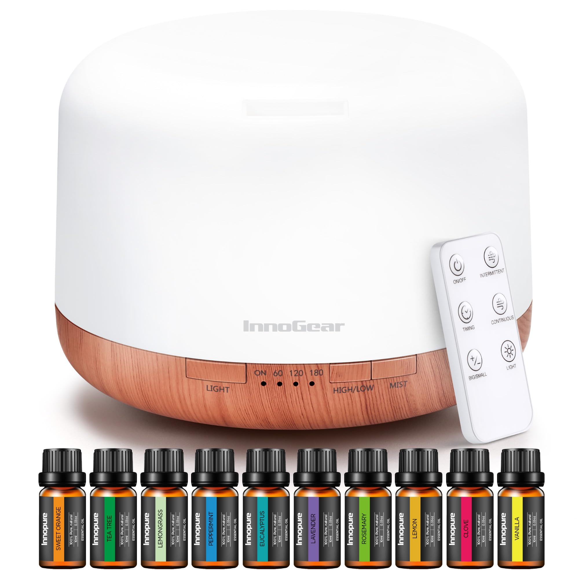 InnoGear etiqueta de aceite esencial con listado de fragancias naturales