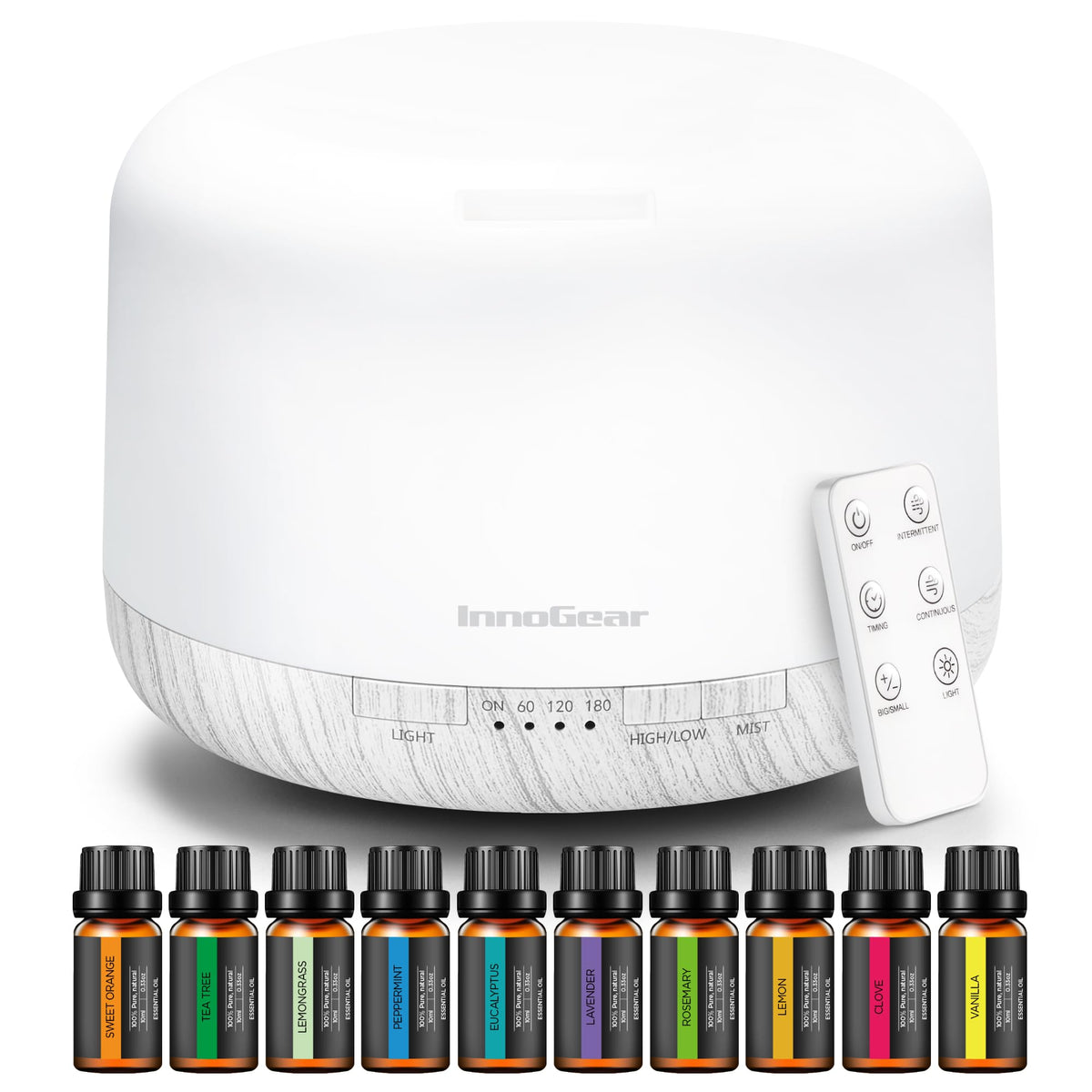 InnoGear difusor frontal 500 ml mostrando diseño elegante y capacidad para largas horas