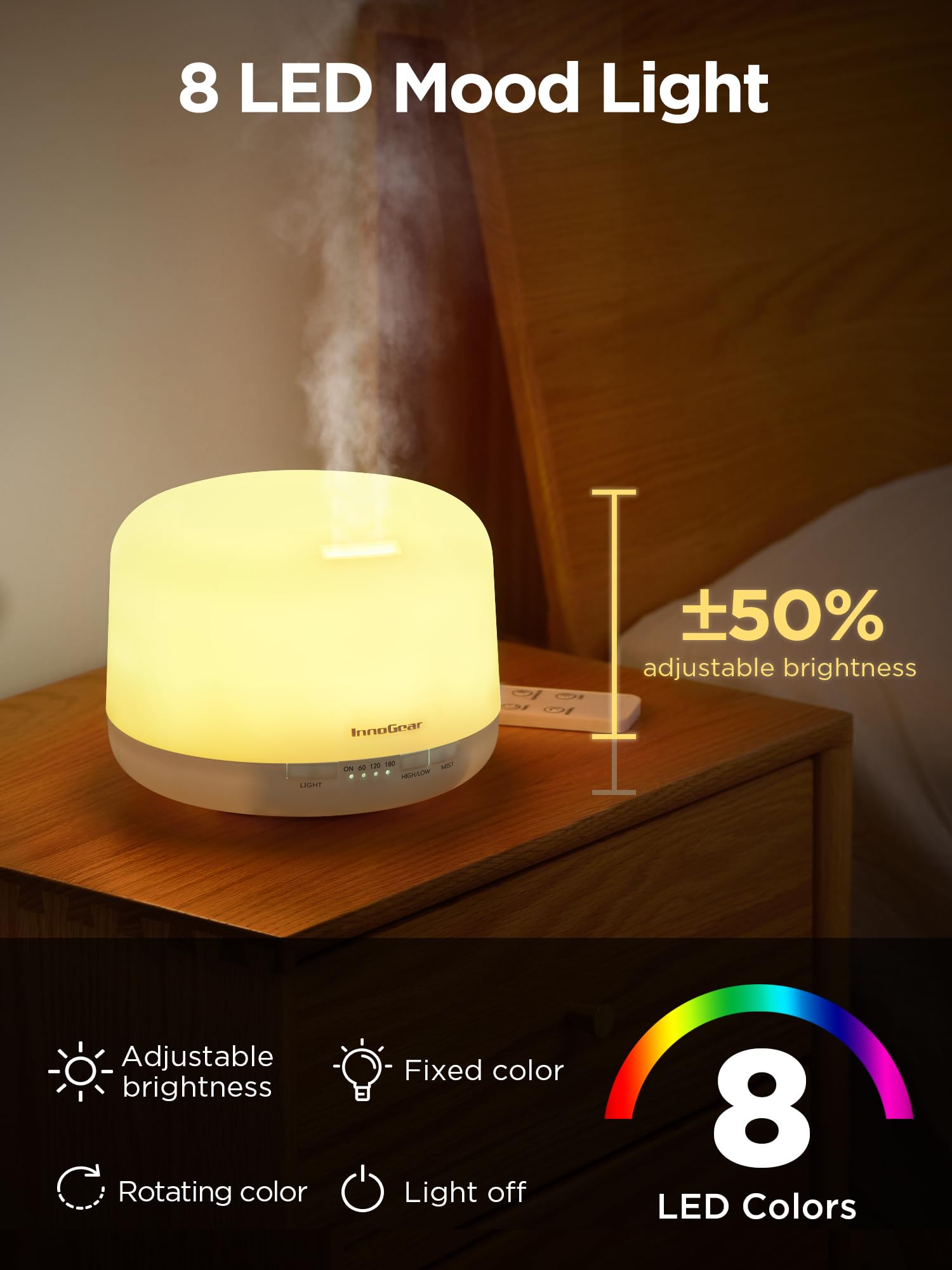 InnoGear iluminación ambiental con ocho colores creando atmósfera relajante
