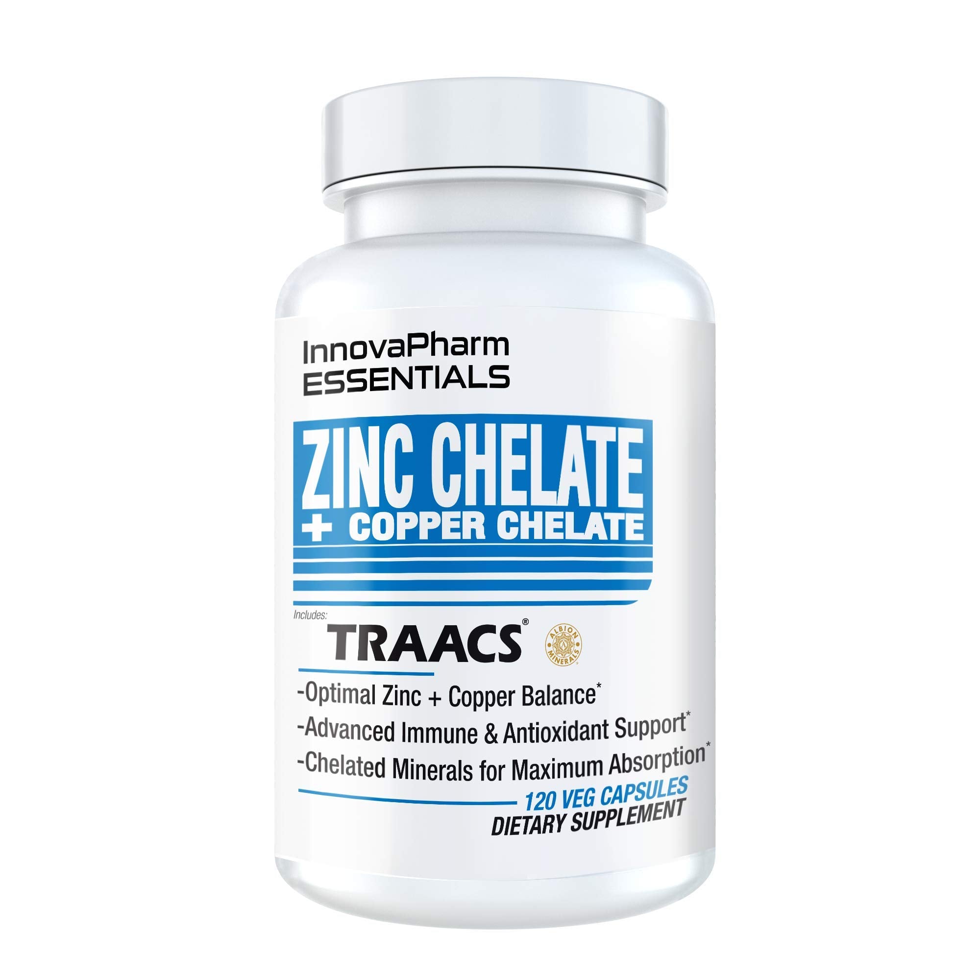 InnovaPharm frasco frontal del suplemento Zinc Chelate + Copper Chelate con información clara