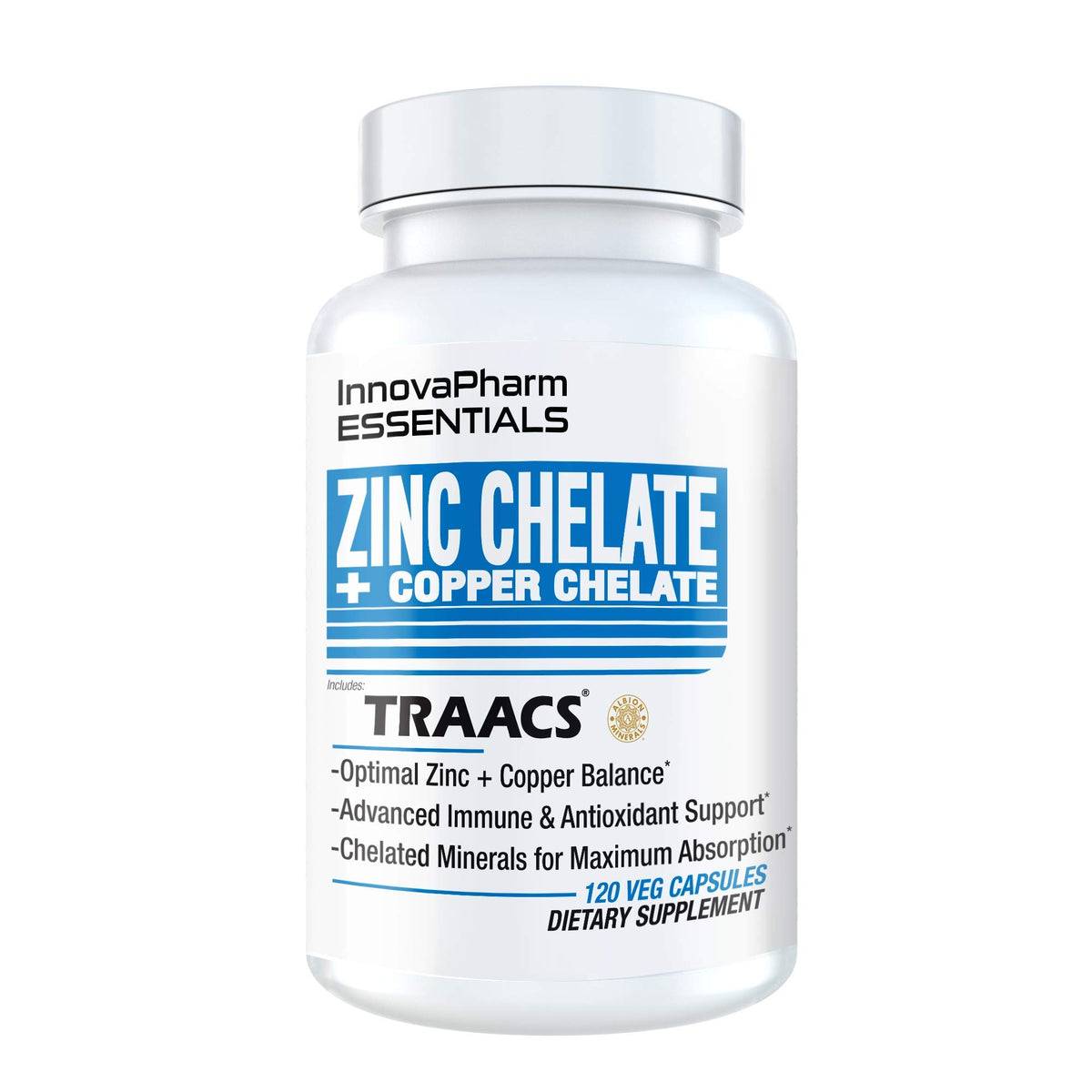 InnovaPharm frasco frontal del suplemento Zinc Chelate + Copper Chelate con información clara