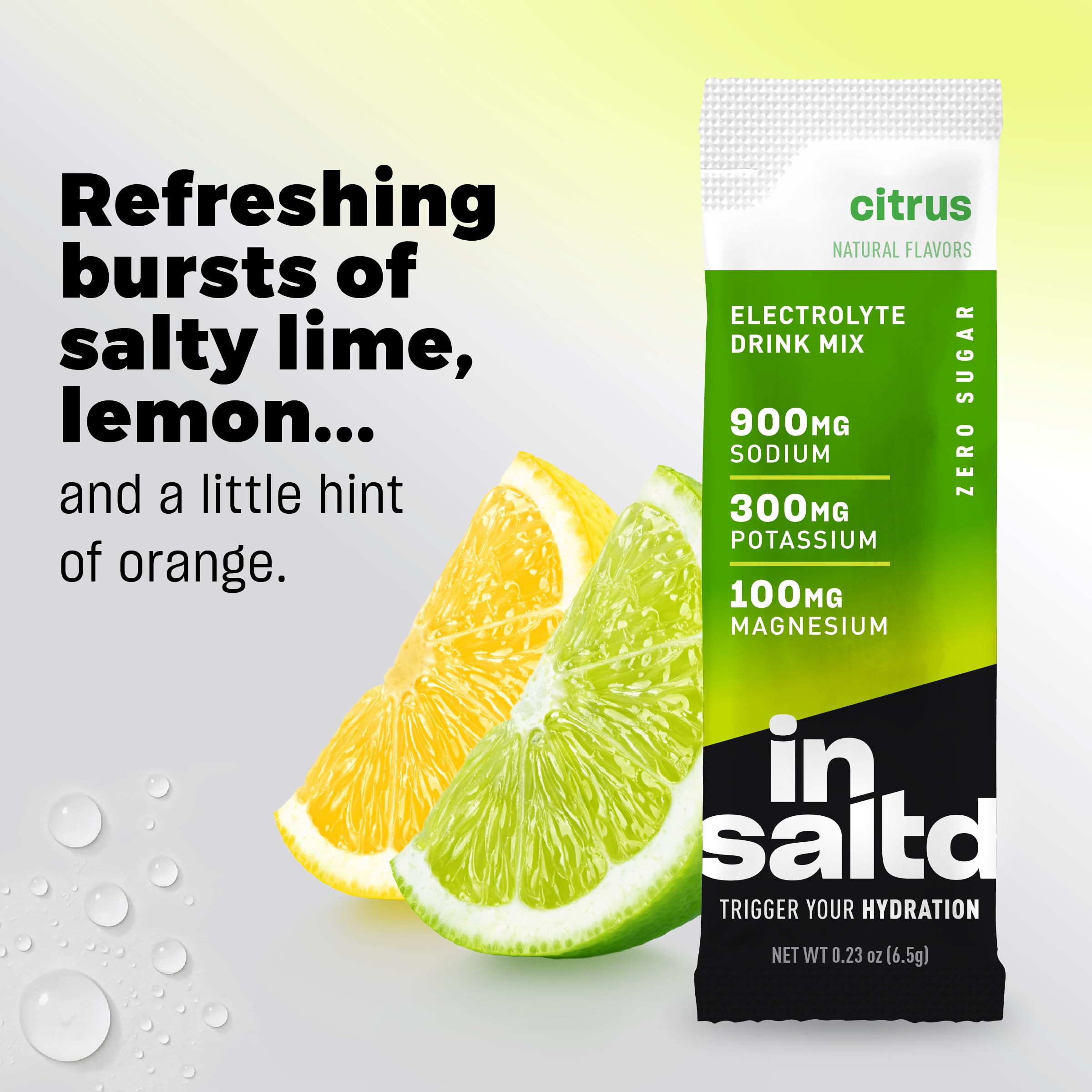 INSALTD sobre citrus disolviéndose en agua demostrando mezcla rápida