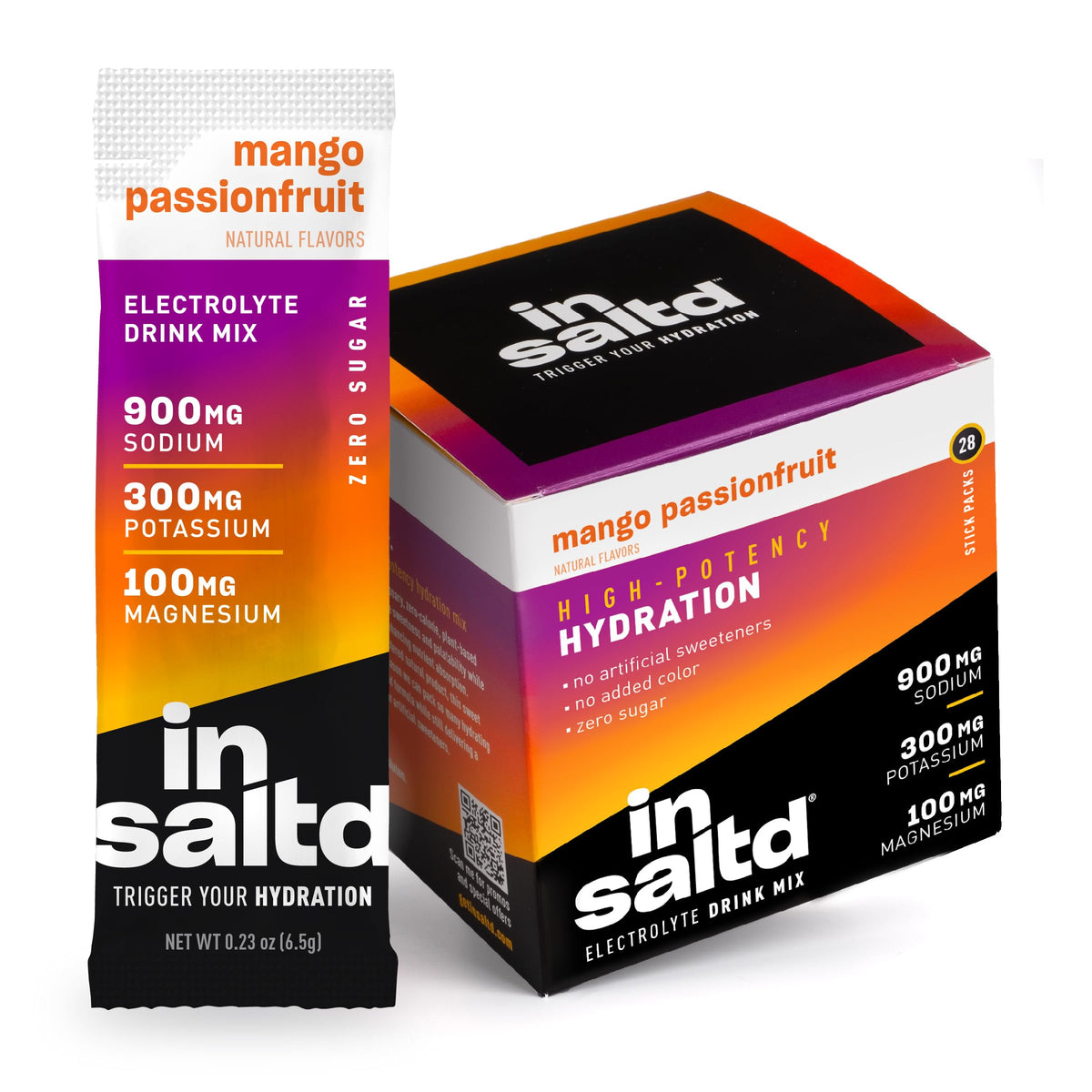 INSALTD frente del sobre mango passionfruit mostrando el diseño y beneficios