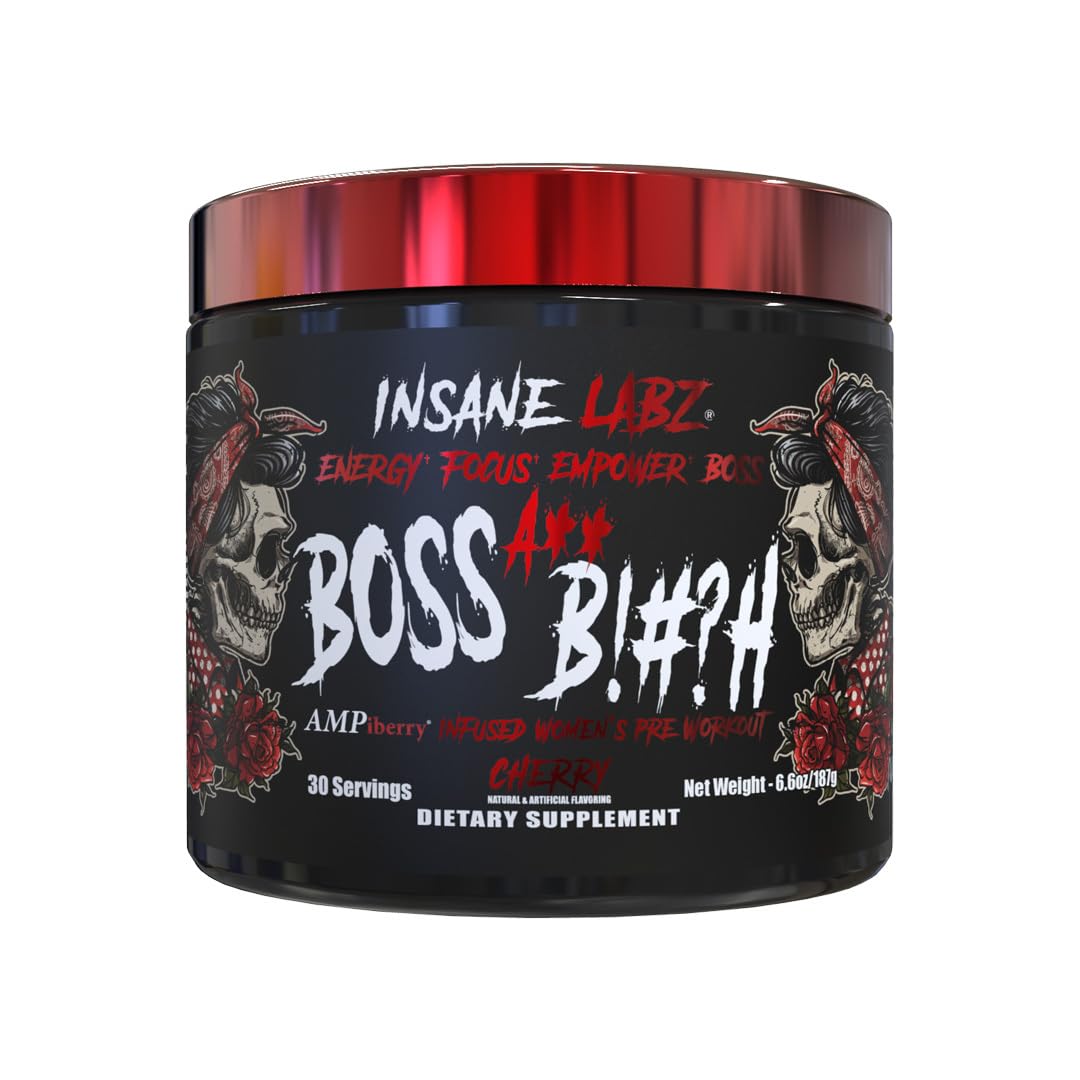 Insane Labz bote frontal del preworkout Boss A** B!#?h sabor cereza mostrando etiqueta clara