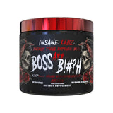 Insane Labz bote frontal del preworkout Boss A** B!#?h sabor cereza mostrando etiqueta clara