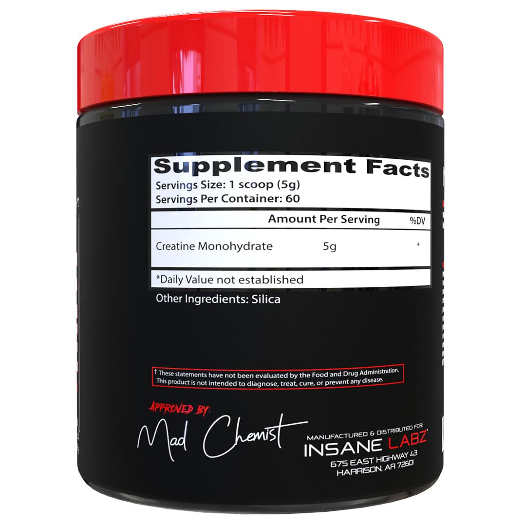 Primer plano del polvo de Insane Labz Creatine Monohydrate que destaca mezcla fácil y pureza