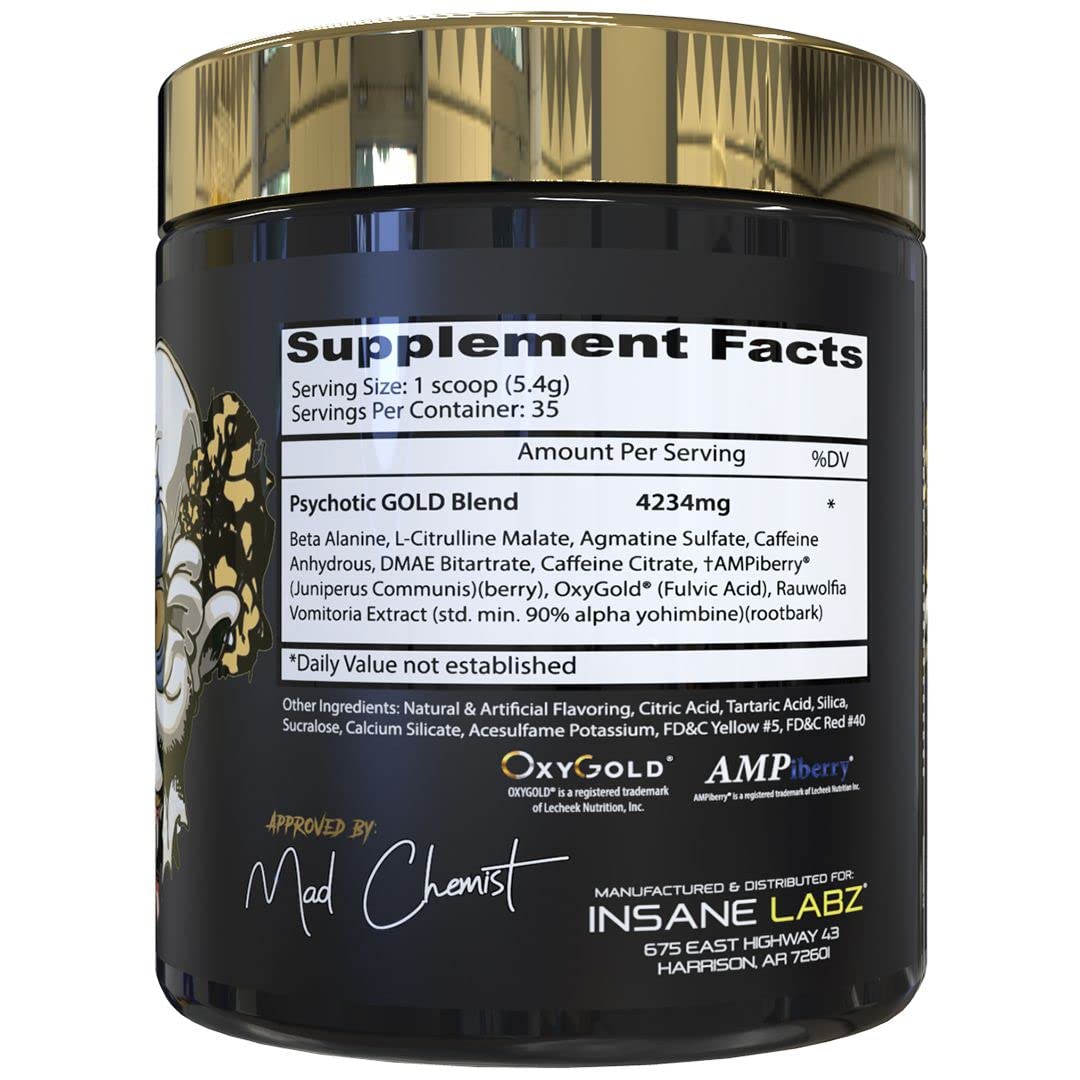 Insane Labz Psychotic Gold etiqueta con lista de ingredientes para confianza