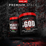 Insane Labz producto con caja y folleto, enfatiza fuerza y sabor naranja