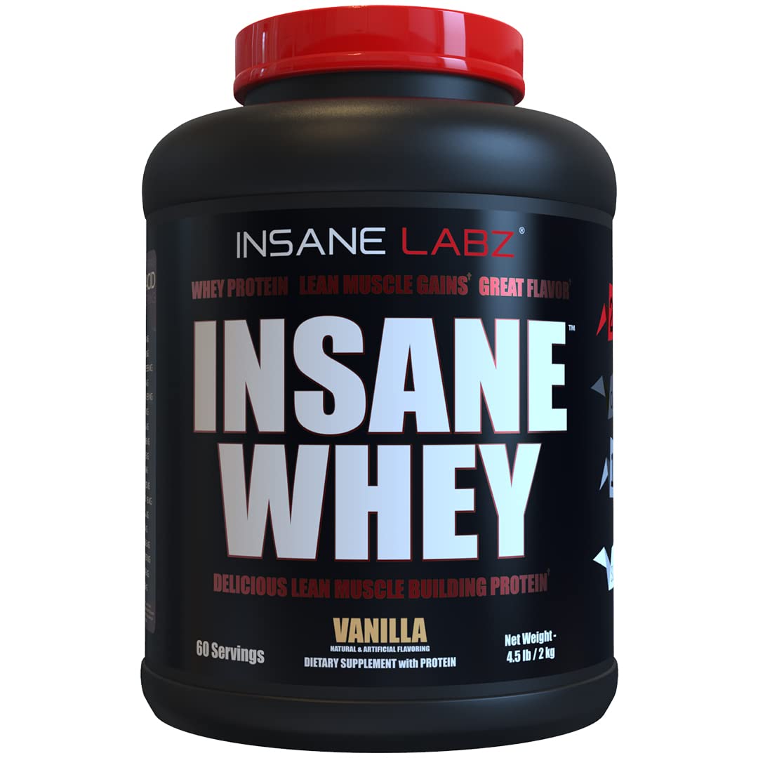 Insane Labz bote frontal de Insane Whey vainilla mostrando etiqueta y beneficios