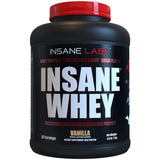 Insane Labz bote frontal de Insane Whey vainilla mostrando etiqueta y beneficios