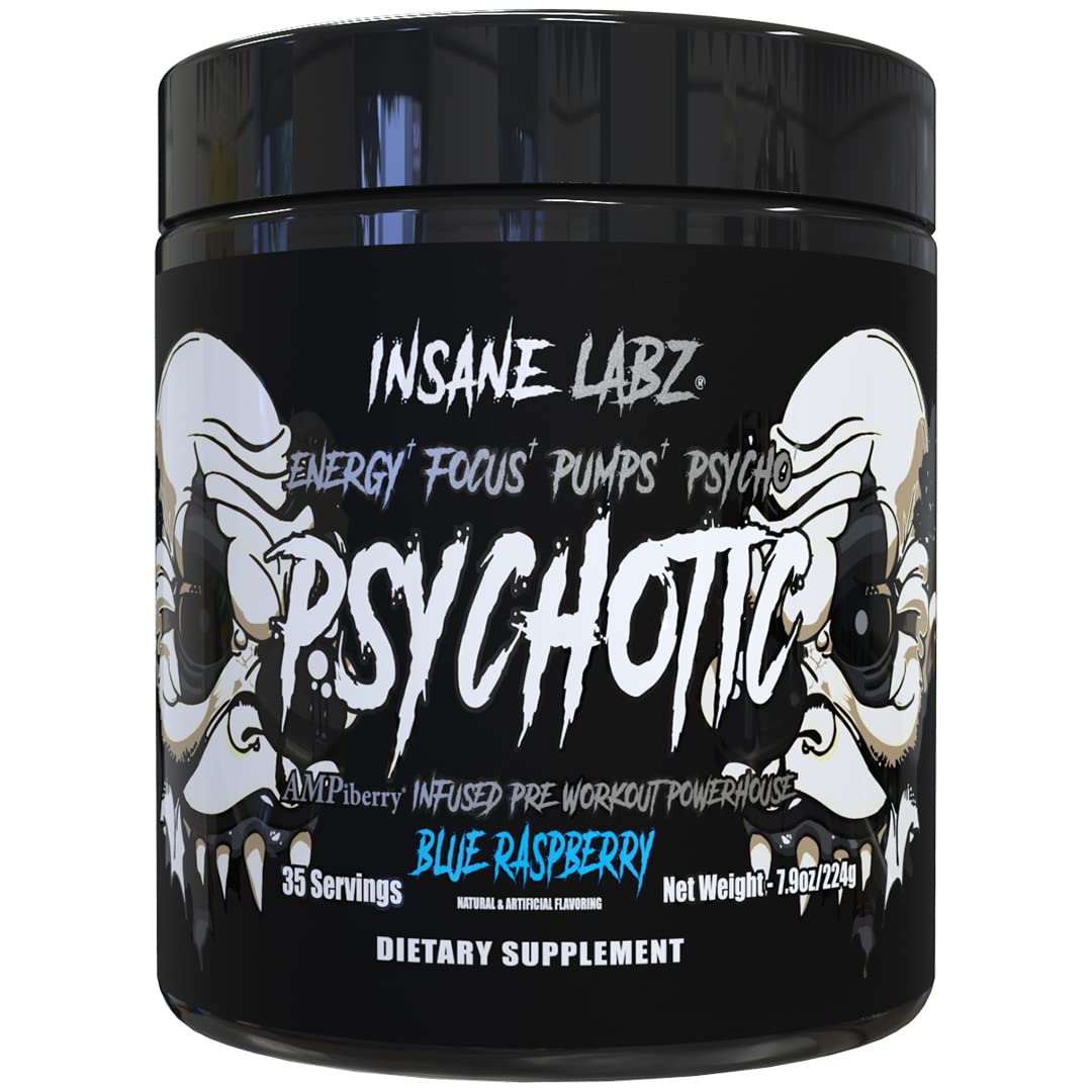 Insane Labz envase frontal Psychotic Black edición Blue Raspberry mostrando el diseño y beneficios