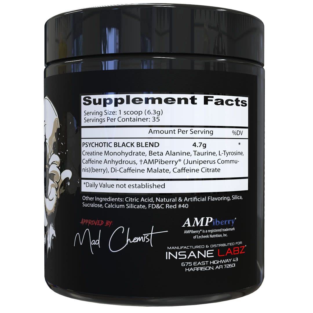 Detalle de etiqueta Insane Labz Psychotic Black con lista de ingredientes y beneficios visibles