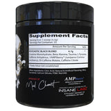 Detalle de etiqueta Insane Labz Psychotic Black con lista de ingredientes y beneficios visibles