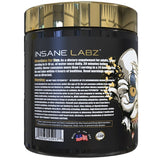 Insane Labz Psychotic Gold etiqueta en primer plano, energía y enfoque