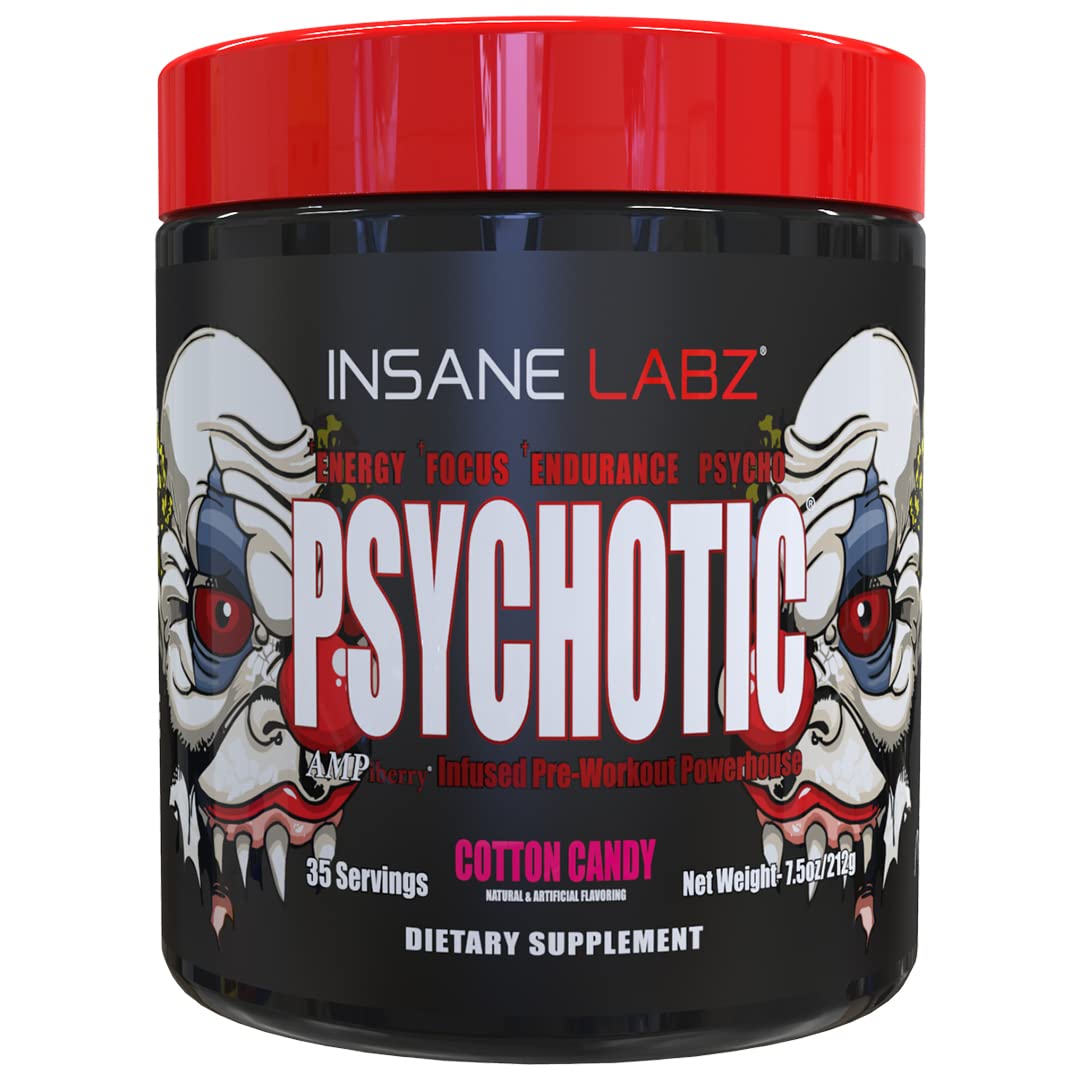 Insane Labz Psychotic frente del bote mostrando el envase y beneficios energéticos