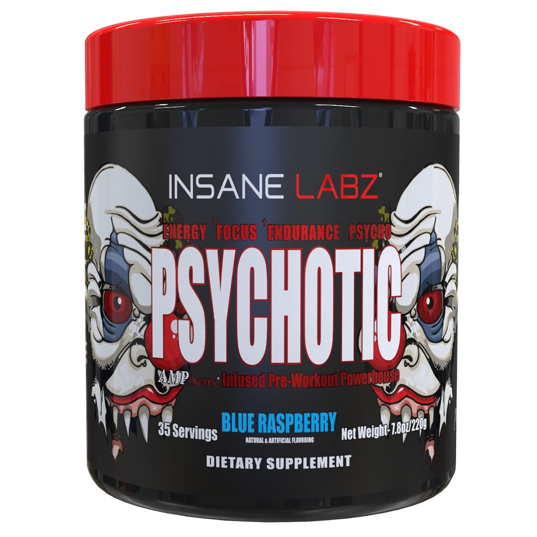 Insane Labz Psychotic frente del envase mostrando 35 servicios y energía rápida