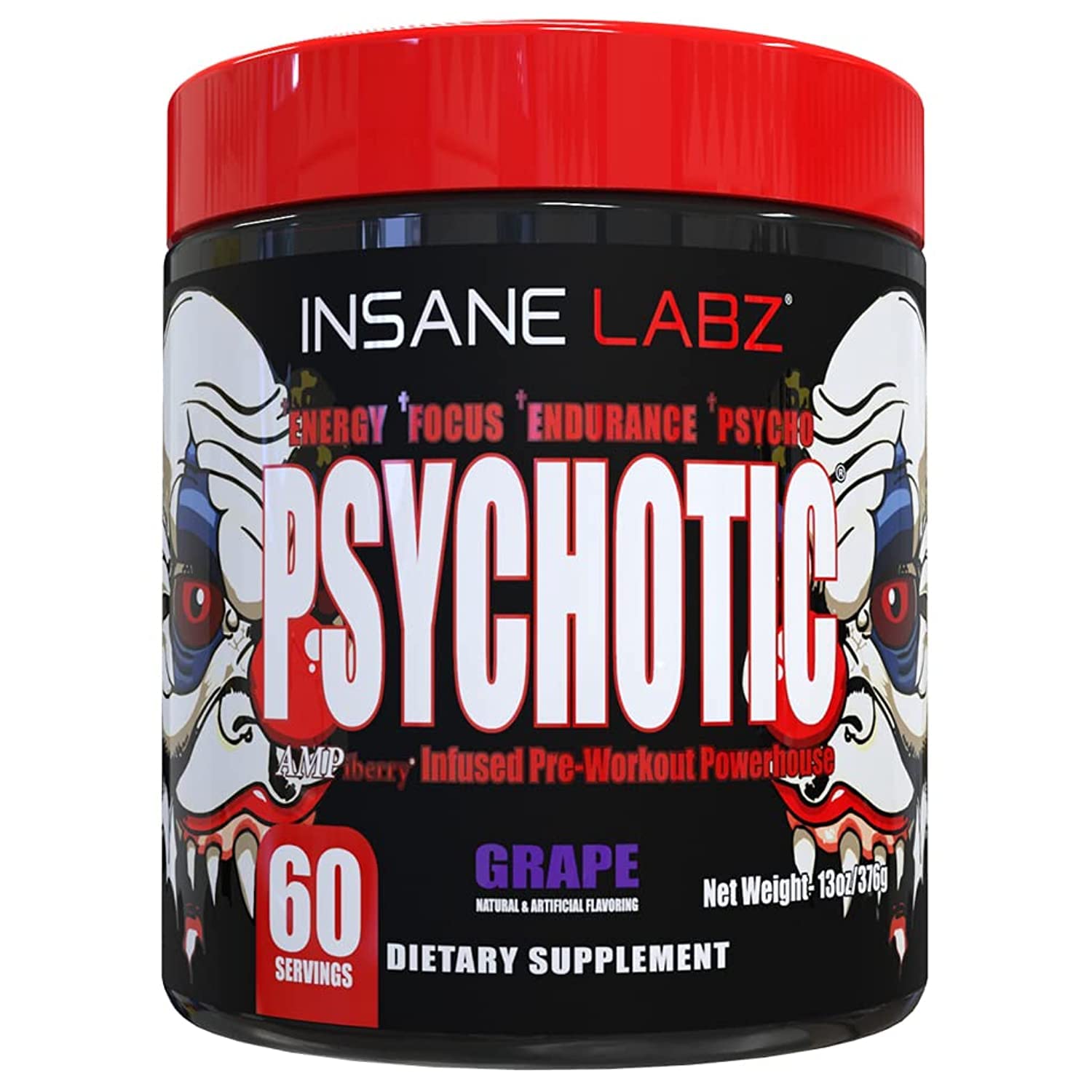 Insane Labz Psychotic frente del envase mostrando diseño y beneficio energético