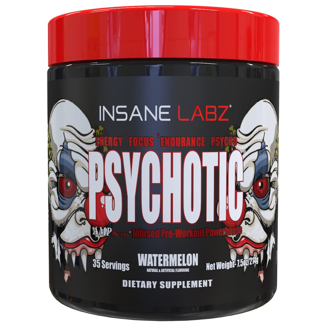Insane Labz Psychotic vista frontal del envase con sabor sandía, beneficio: energía potente