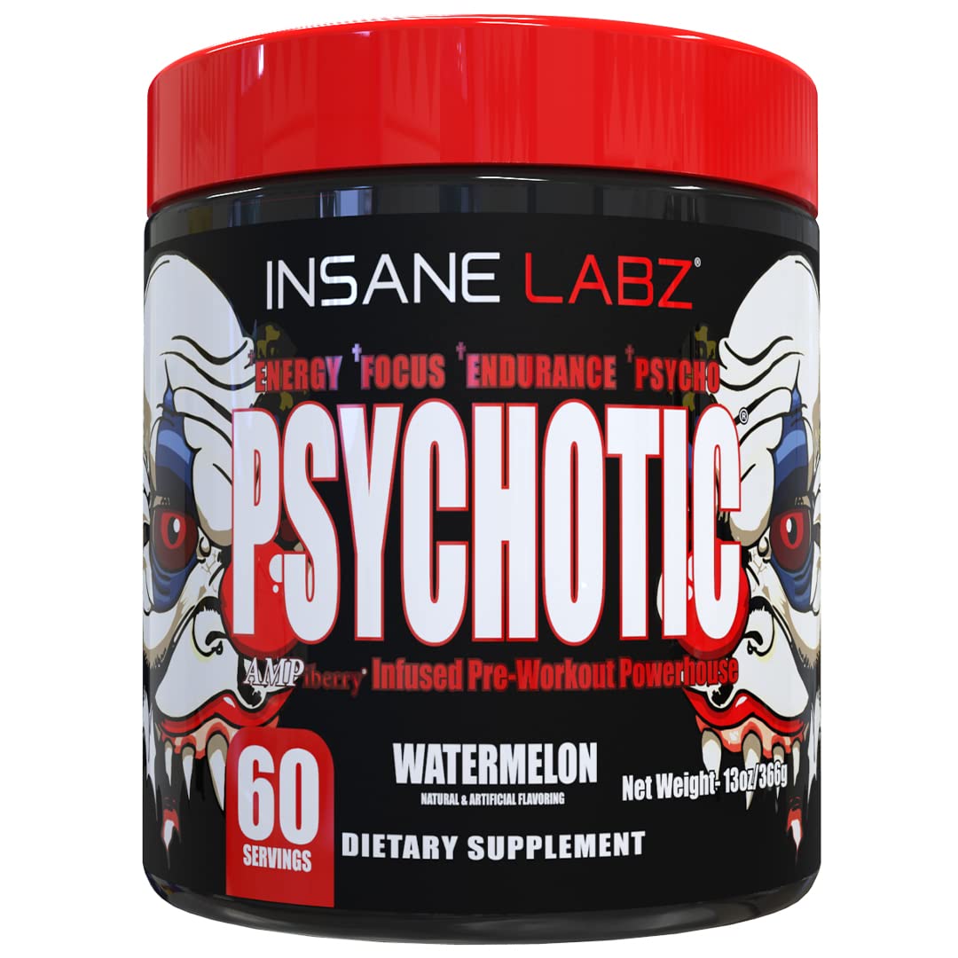 Insane Labz Psychotic frontal mostrando el envase y beneficio de energía intensa