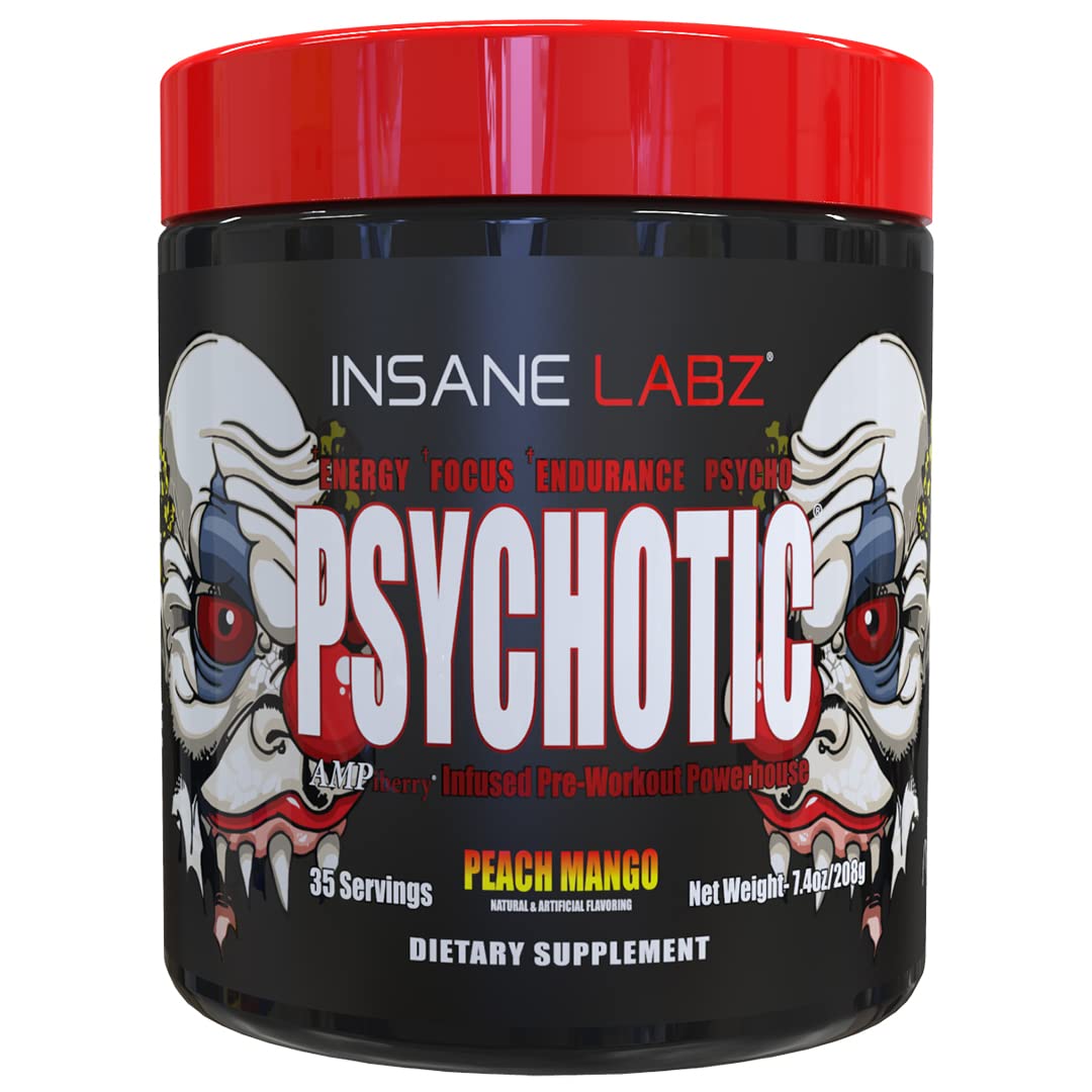 Insane Labz Psychotic vista frontal del envase y beneficio de energía duradera