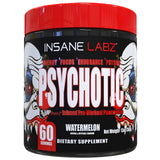 Insane Labz Psychotic frontal mostrando el envase y beneficio de energía intensa