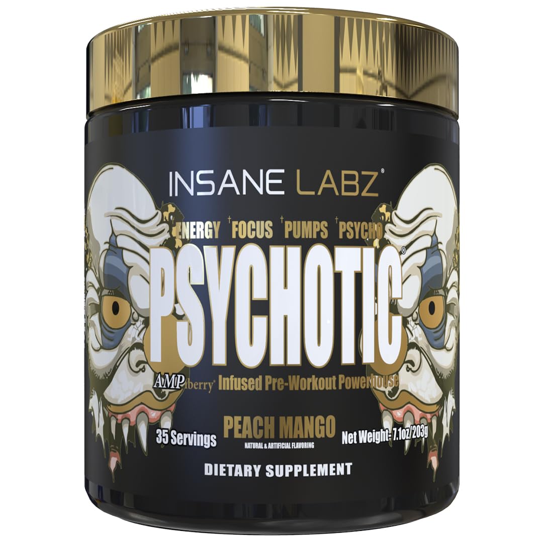 Insane Labz Psychotic Gold frente del envase mostrando diseño y sabor Peach Mango