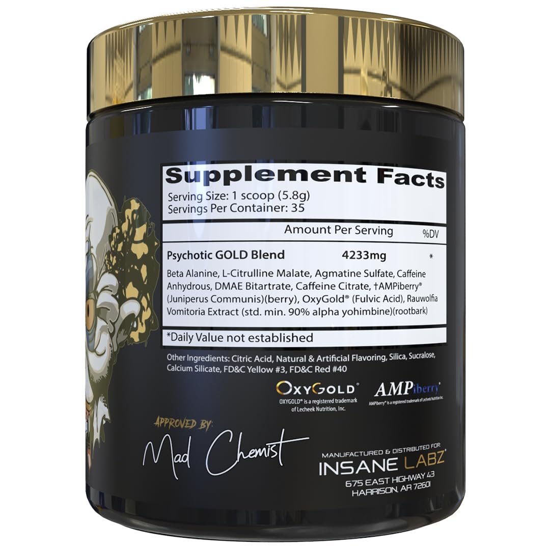 Insane Labz Psychotic Gold textura del polvo resaltando mezcla y solubilidad