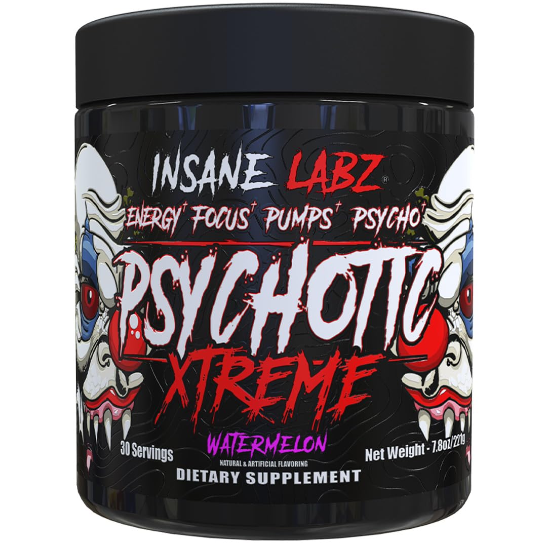 Insane Labz Psychotic Xtreme envase frontal mostrando la marca y sabor Watermelon, transmite potencia