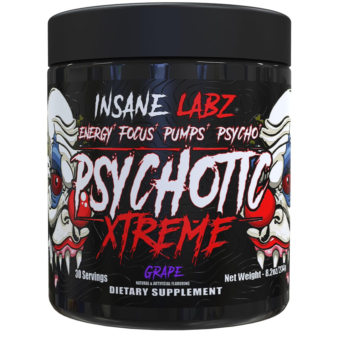 Insane Labz frasco frontal del pre-entreno uva mostrando etiqueta y beneficio energético
