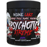 Insane Labz frasco frontal del pre-entreno uva mostrando etiqueta y beneficio energético