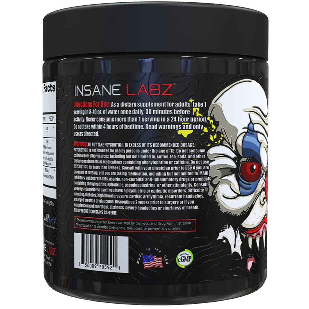 Insane Labz Psychotic Xtreme en botella junto a pesas, evidencia energía sostenida durante entrenamientos