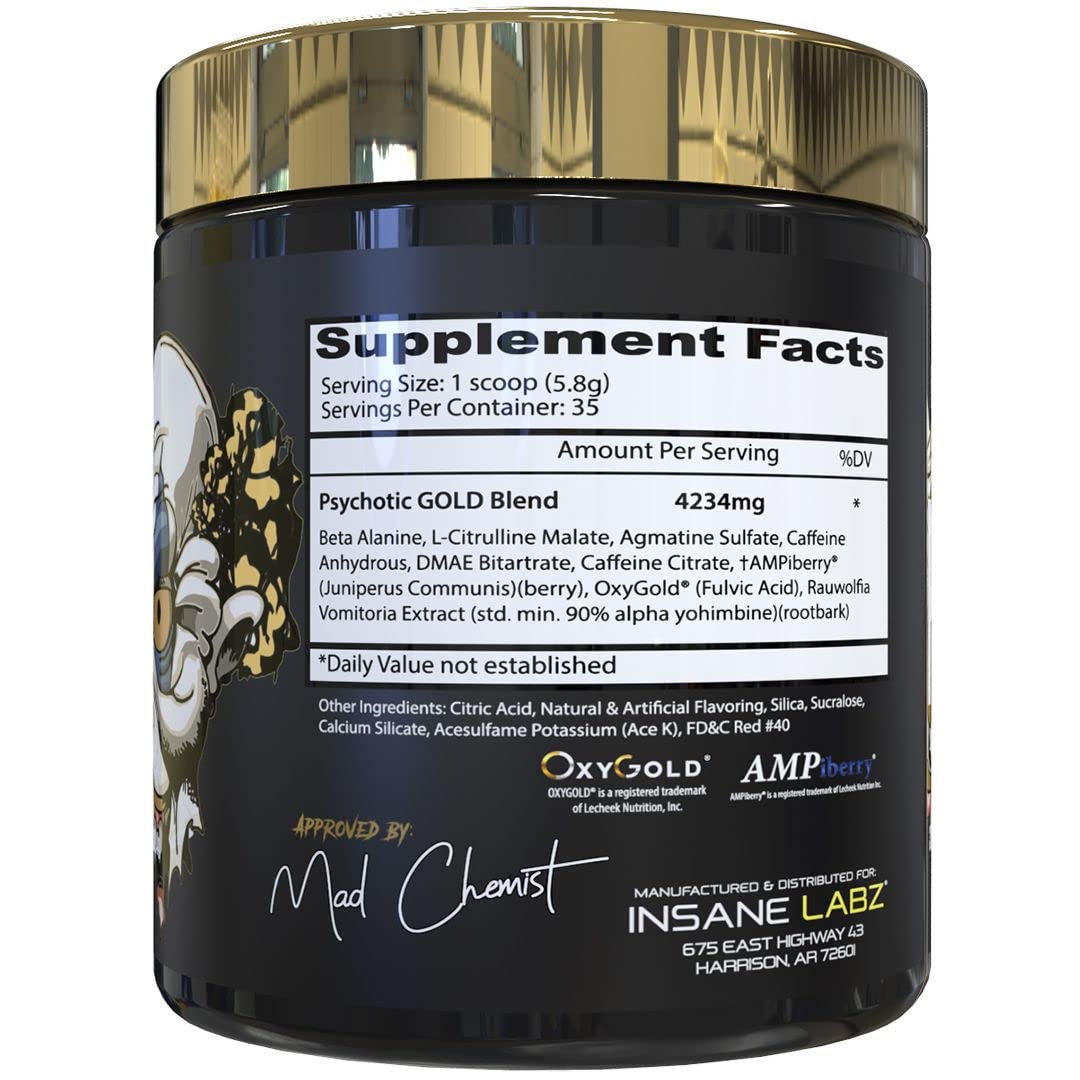 Insane Labz Insane Veinz Gold etiqueta enfocada, detalle de ingredientes clave