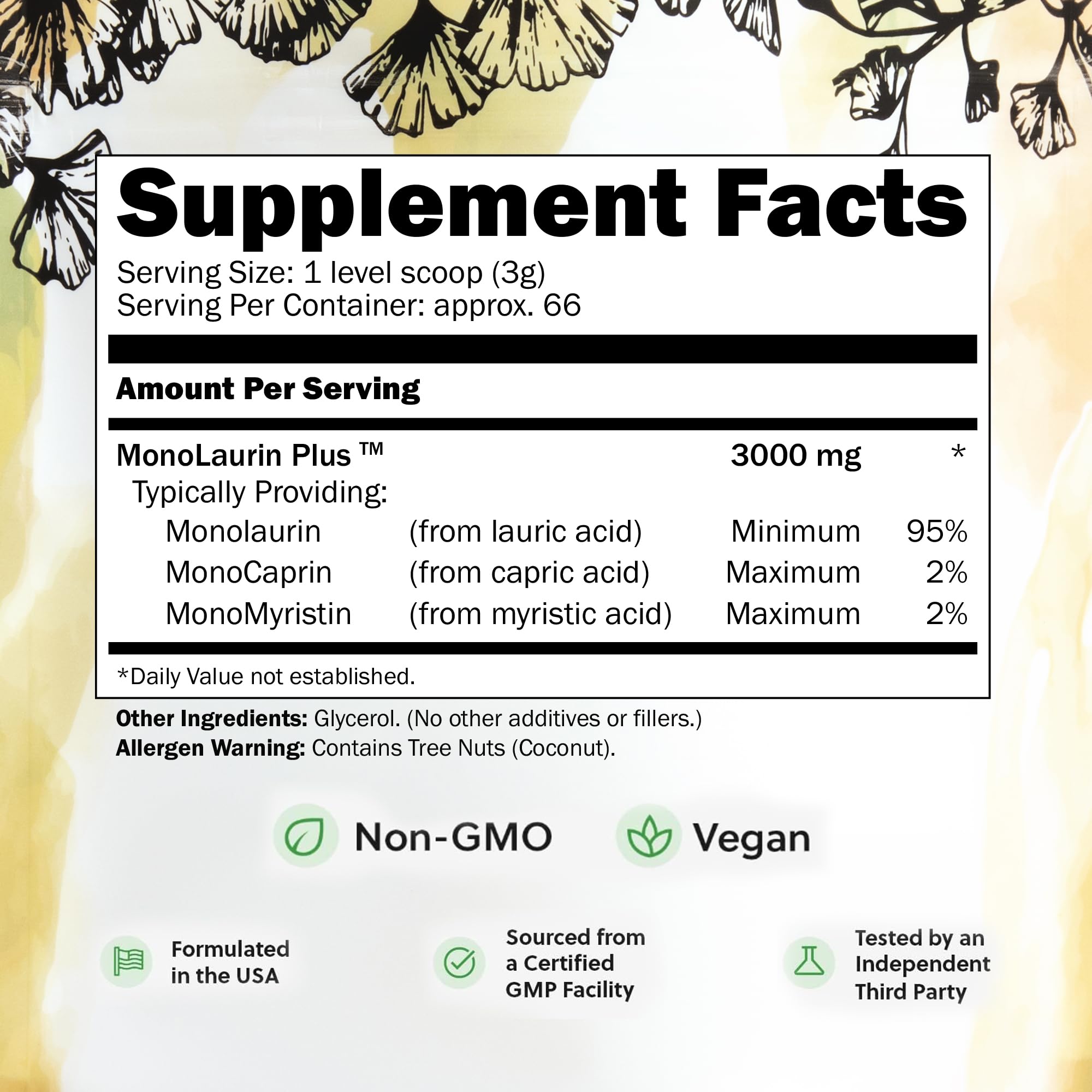 Inspired Nutrition primer plano de pellets de monolaurina que facilitan la dosificación