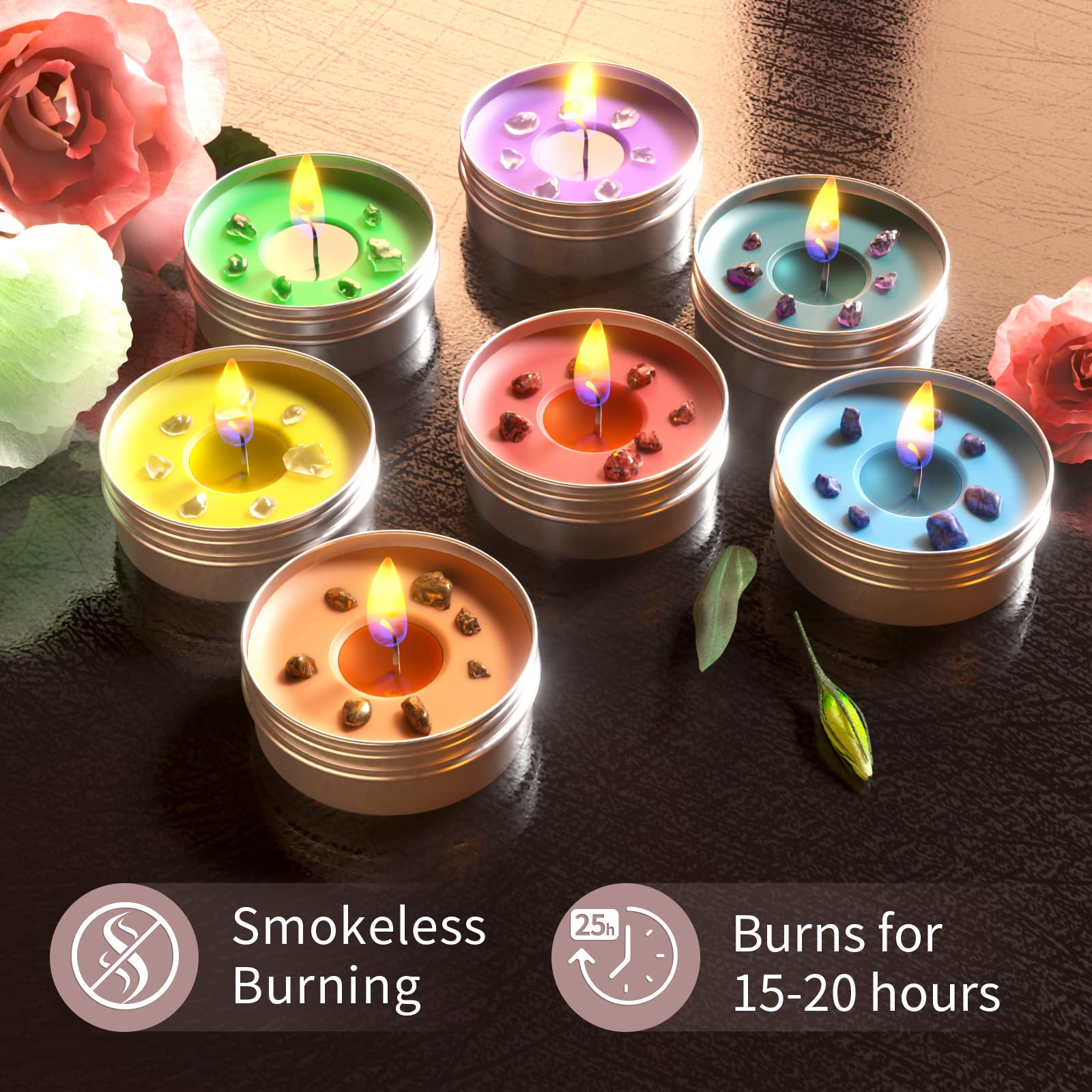 Inspireyes conjunto de piedras chakra junto a velas para enfoque y calma
