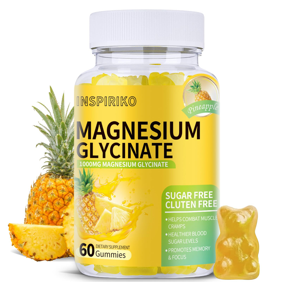 Inspiriko frente del envase mostrando 60 gominolas sabor piña y beneficios