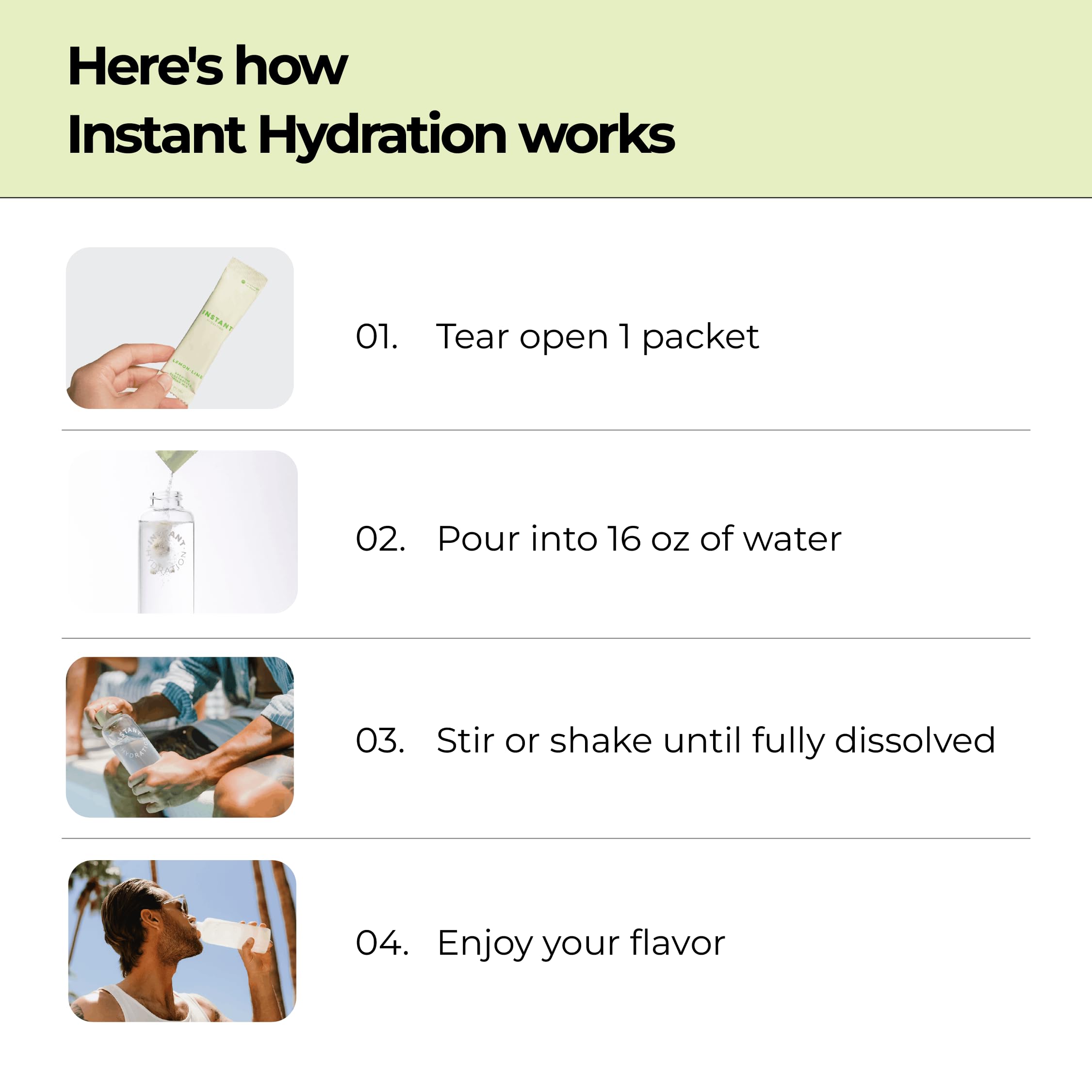 Instant Hydration comparación con botella para escala, beneficio tamaño práctico