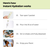 Instant Hydration comparación con botella para escala, beneficio tamaño práctico
