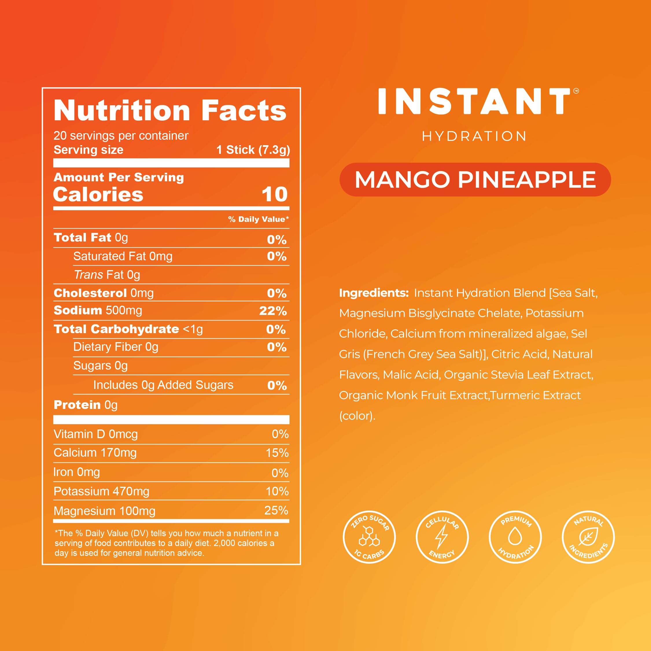 Instant Hydration etiqueta con lista de ingredientes y electrolitos clave