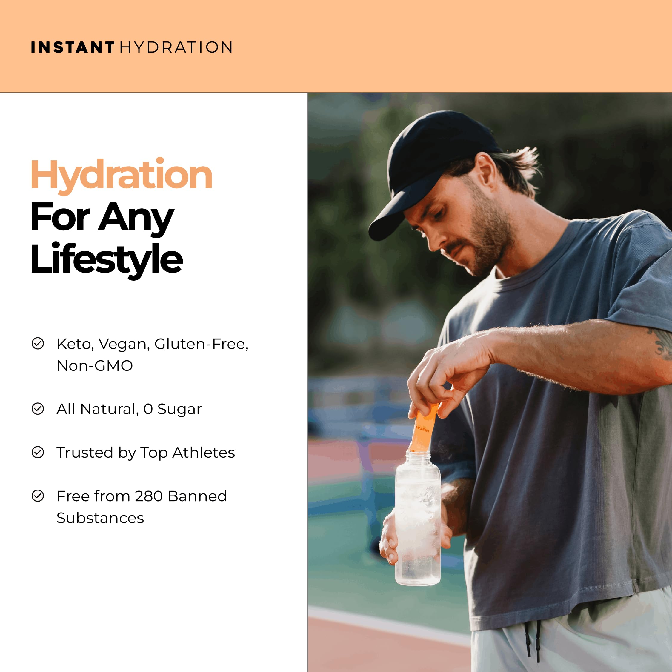 Instant Hydration en playa con atleta señalando rehidratación bajo calor