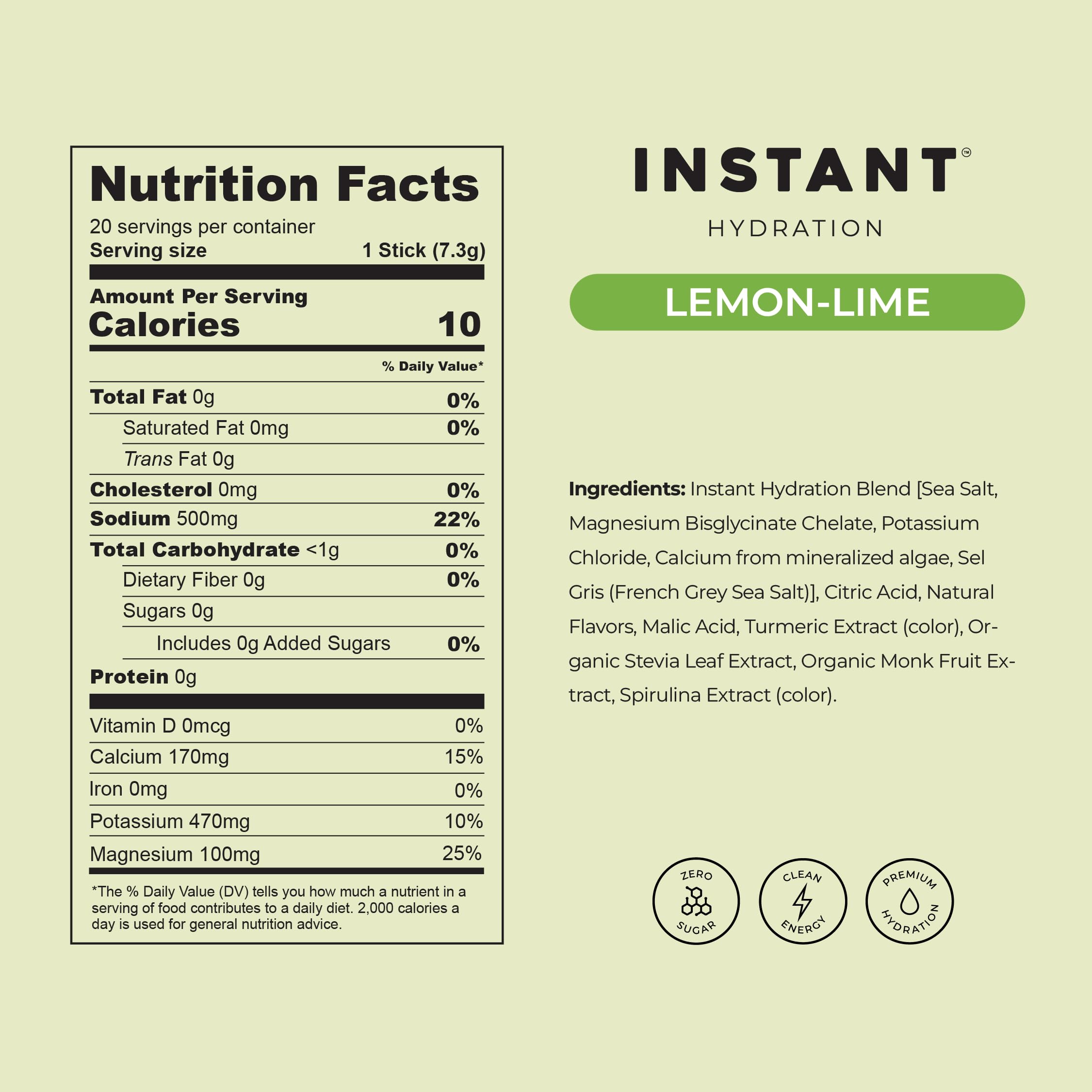 Instant Hydration etiqueta de ingredientes, beneficio transparencia y minerales listados