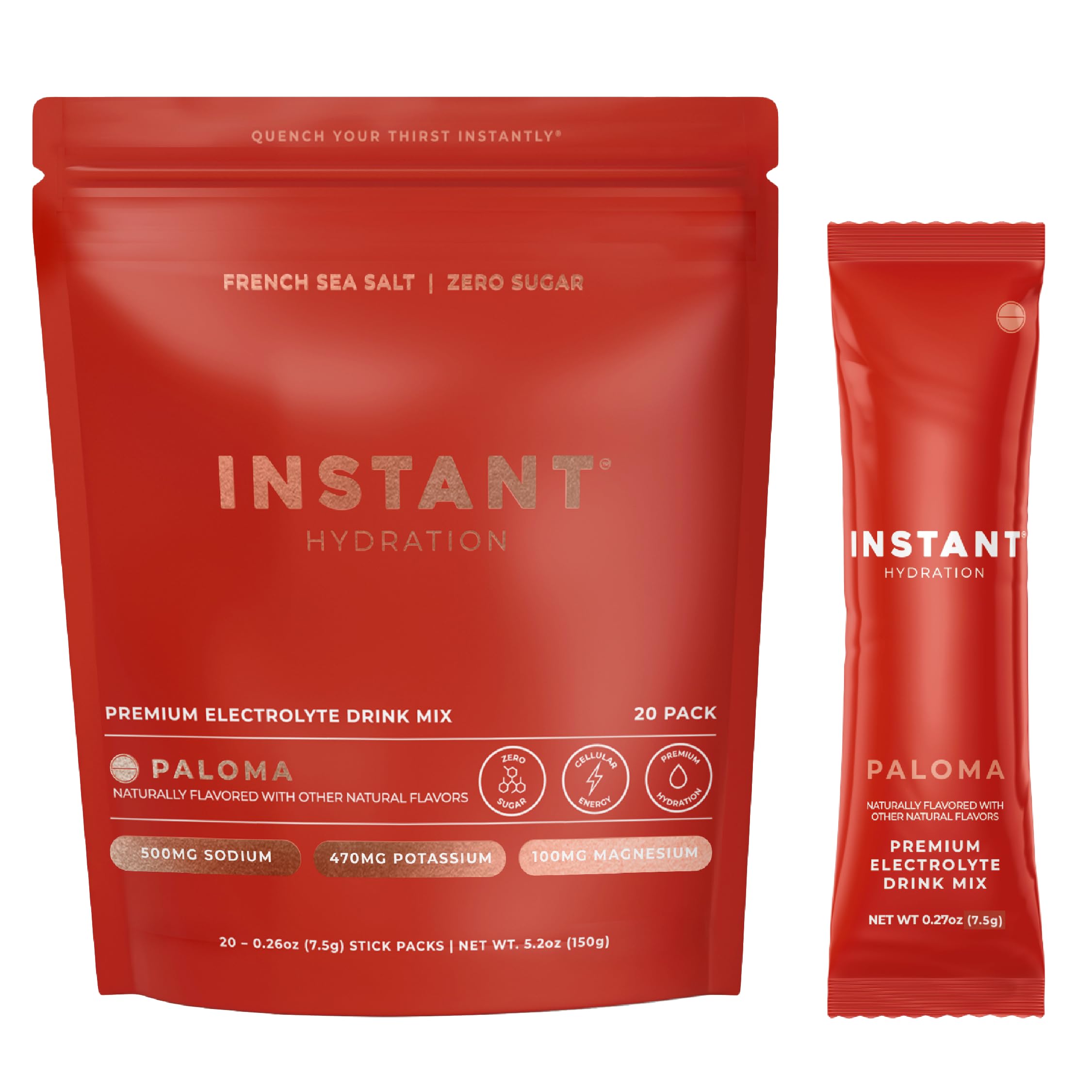 Instant Hydration empaque frontal mostrando 20 sobres, práctico para viaje