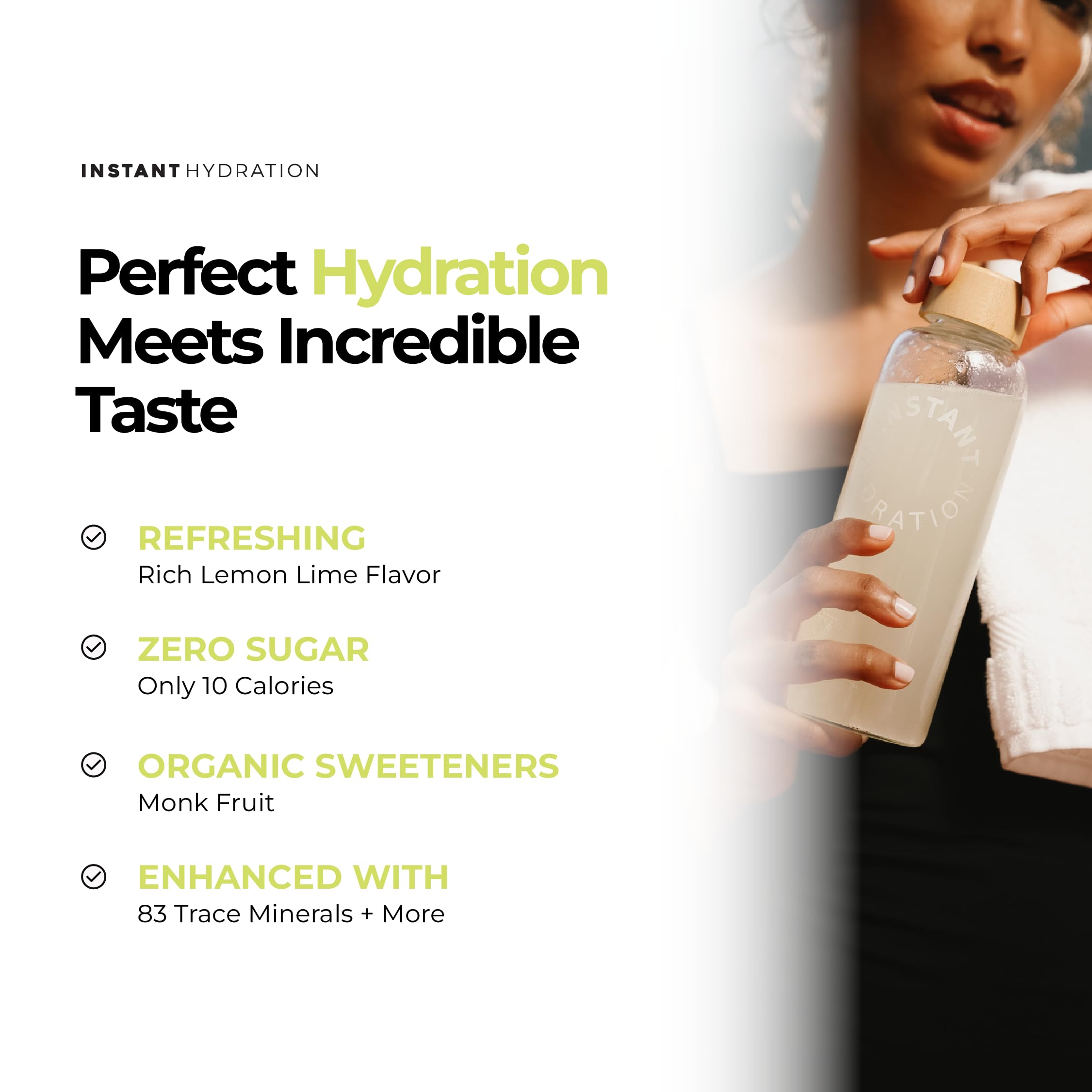 Instant Hydration polvo en cuchara destacando 1.220 mg electrolitos por porción