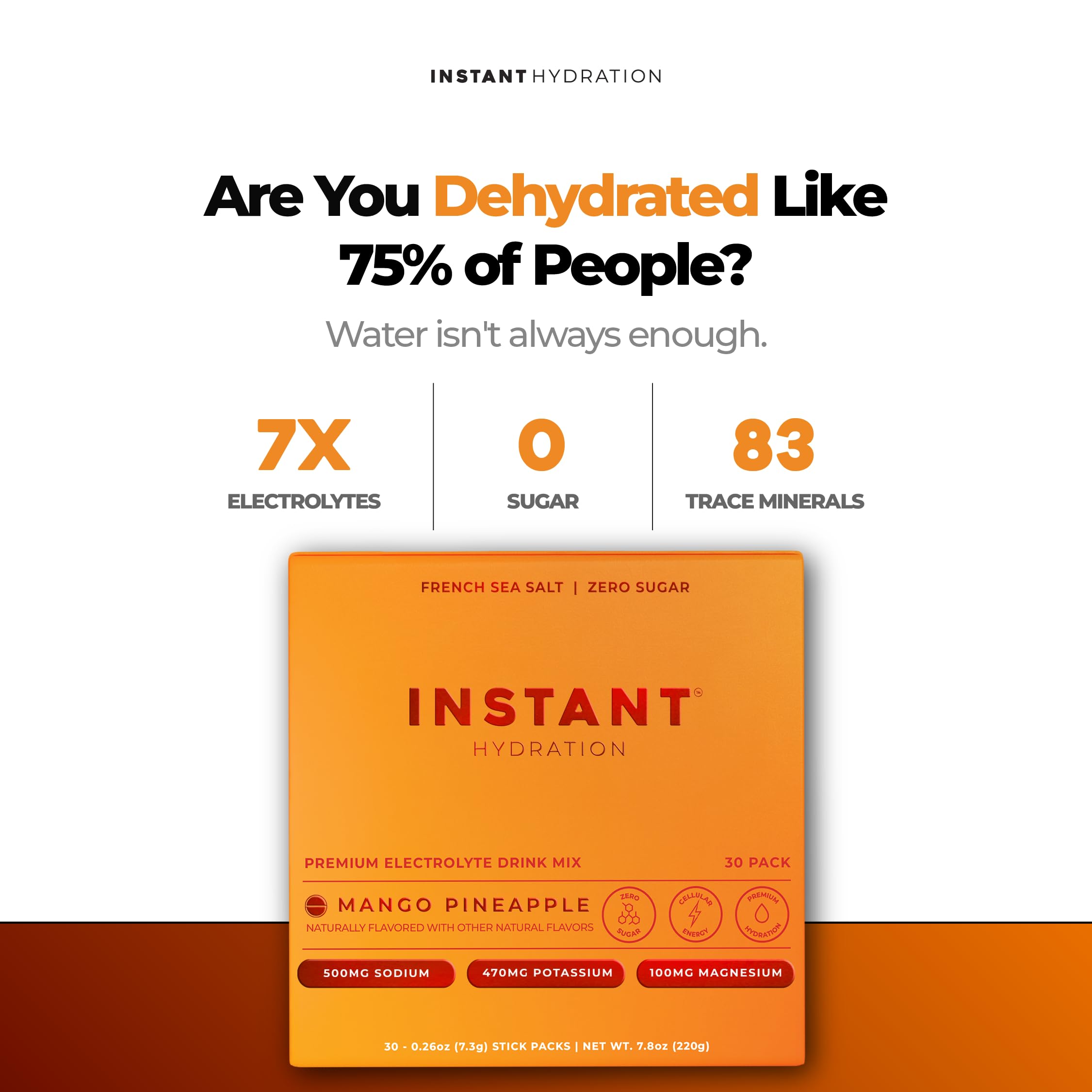 Instant Hydration sobre abierto mostrando polvo mango piña, fácil de disolver