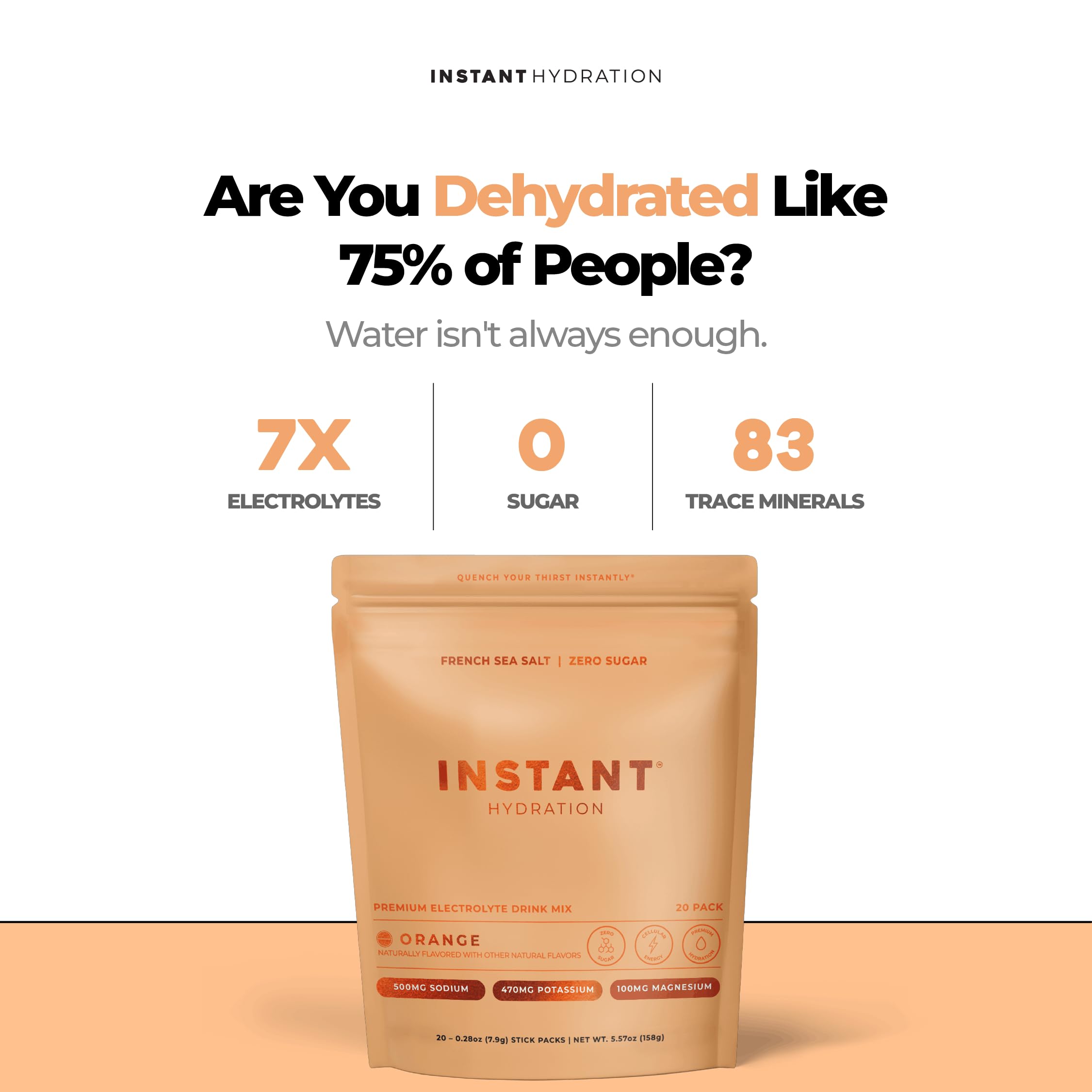 Instant Hydration sobre abierto con polvo naranja y beneficio de dosificación precisa