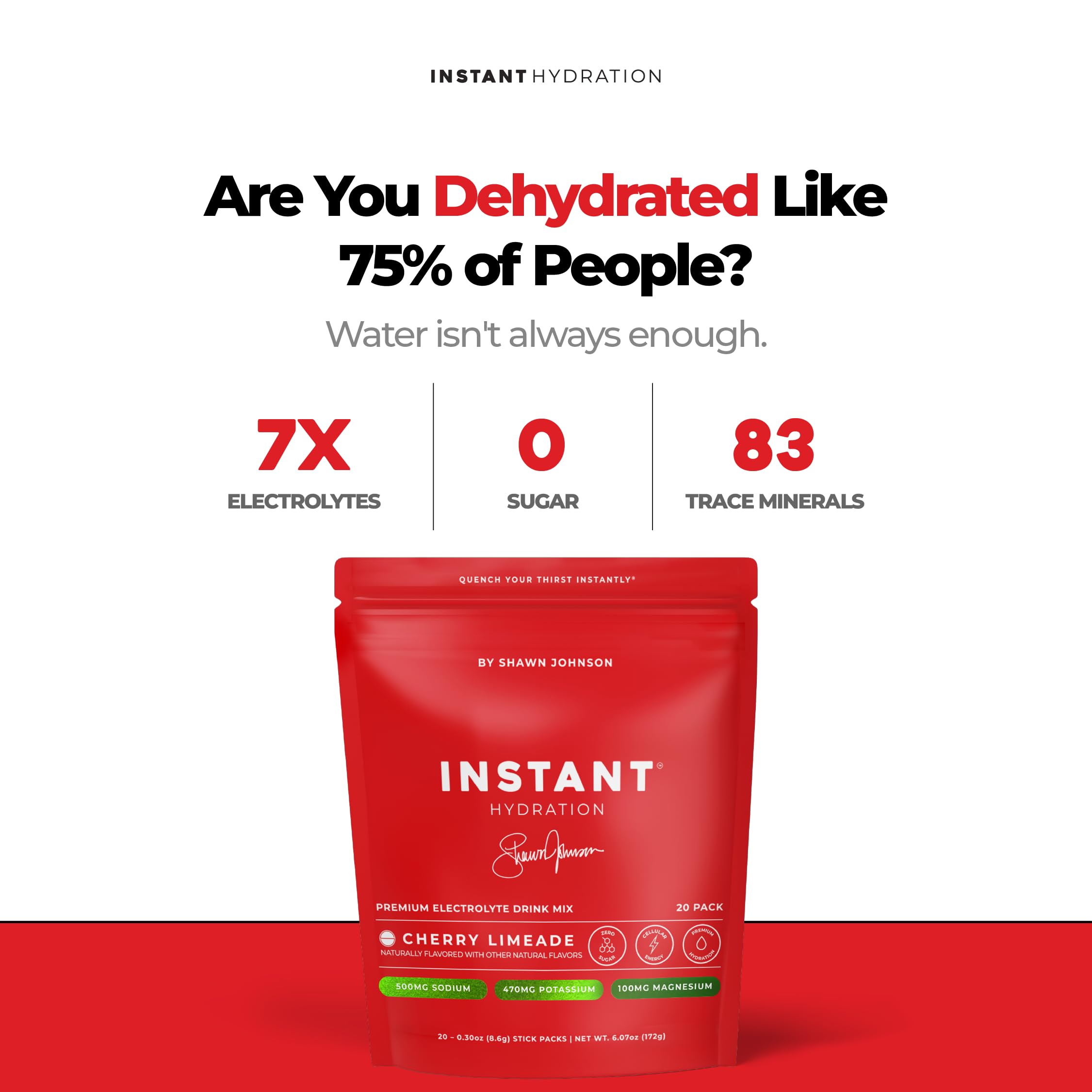 Instant Hydration sobre unitario junto a manos, conveniente para viajes