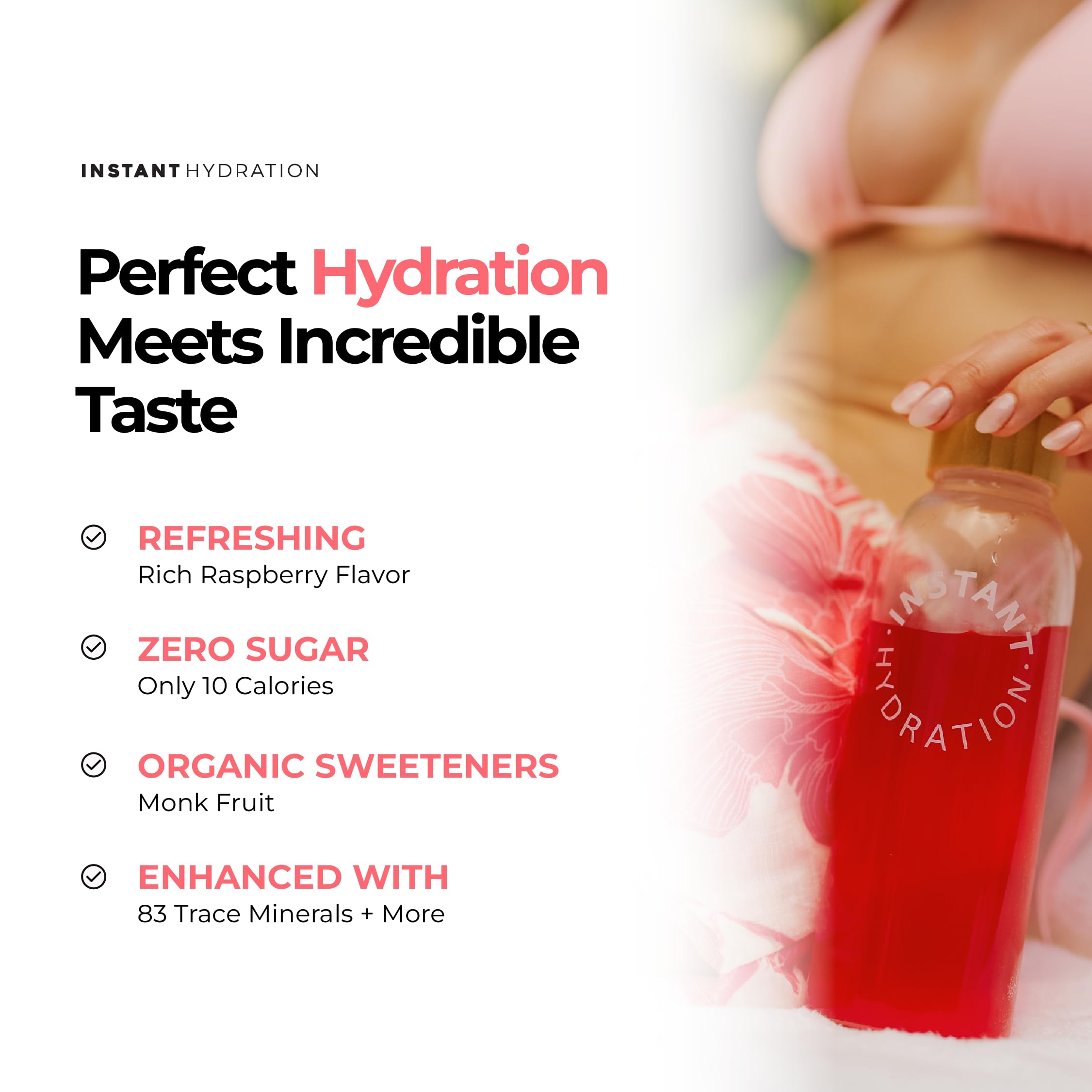Instant Hydration vaso con bebida frambuesa, hidratación rápida y sabrosa