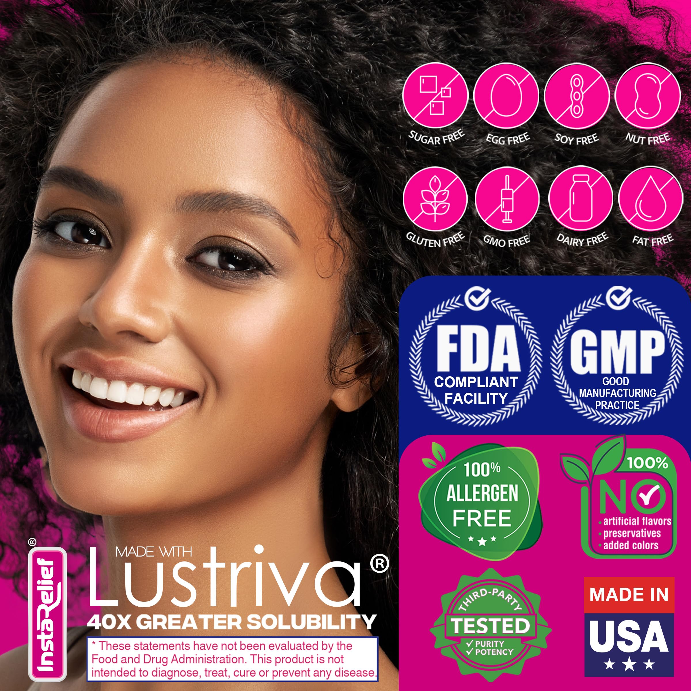 InstaRelief ingredientes Lustriva biotina arginina silicio para absorción